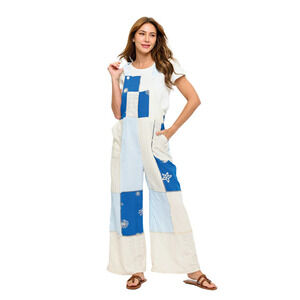 26409-B Yak & Yeti Patchwork Boho Broderie Applique Blue Overall - Various Sizes